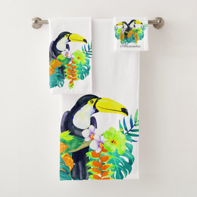 Yellow Teal Toucan birds tropical flowers Bath Towel Set (Insitu)