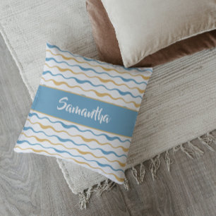 Yellow & Teal Waves Personalized Nautical Boho Cushion