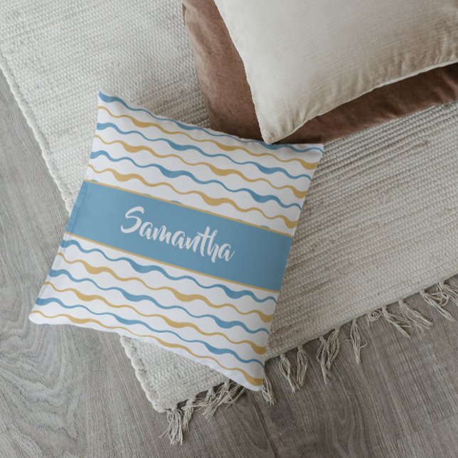 Yellow & Teal Waves Personalized Nautical Boho Cushion (Yellow and Teal Waves Ocean Decor Throw Pillow)