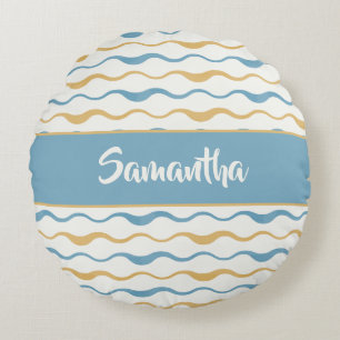 Yellow & Teal Waves Personalized Nautical Boho Round Cushion