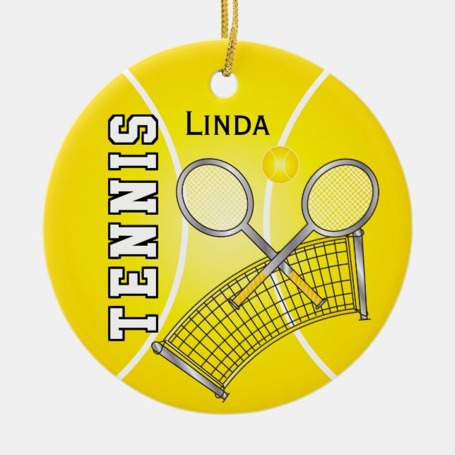 Yellow Tennis Ball and Net Ceramic Tree Decoration (Front)