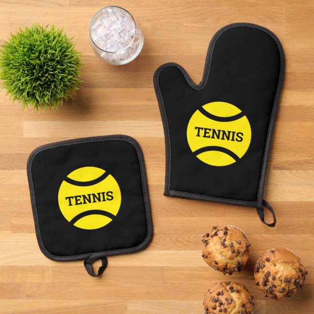Yellow tennis ball logo personalised kitchen oven mitt & pot holder set (Top Down)