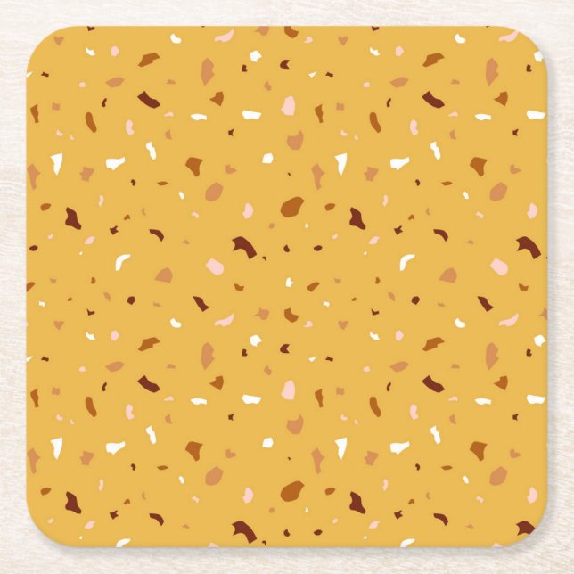 Yellow Terrazzo Pattern Square Paper Coaster (Front)