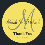 Yellow Thank You Wedding Monogram Sticker<br><div class="desc">Initial Stickers with bride and groom name, date of wedding and a thank you message to express your gratitude on your wedding day or any special occasion. .This monogram wedding sticker is in yellow colour .More colours are available for your choice . You can also customise the colour and font...</div>