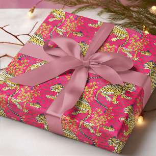 Yellow Tiger On Pink background Floral Wrapping Paper
