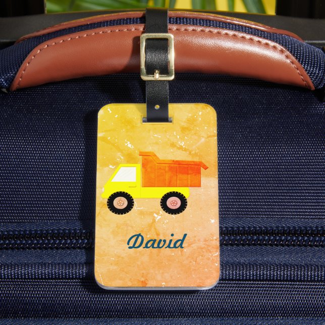 Yellow Toy Truck Distressed Background Luggage Tag (Front Insitu 2)