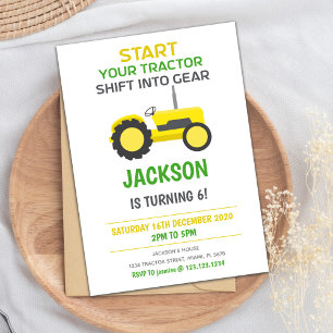 Yellow Tractor Birthday Invitation
