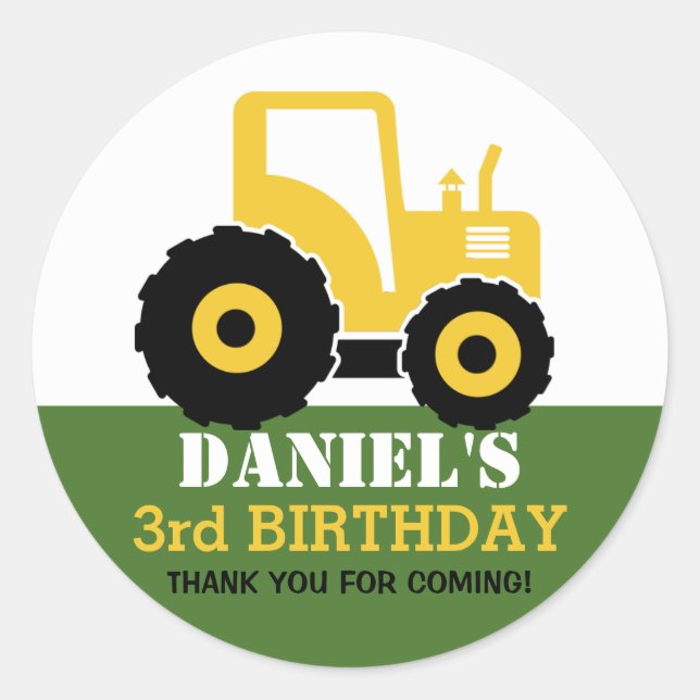 Yellow Tractor Cartoon Kids Birthday Party Sticker (Front)