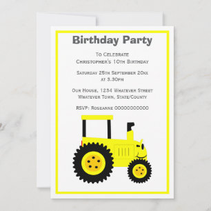 Yellow Tractor Design Personalised Birthday Party Invitation