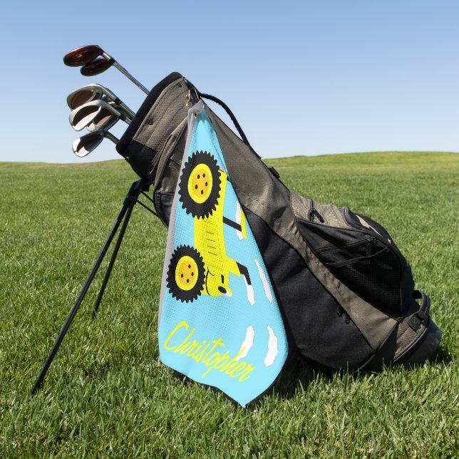 Yellow Tractor Design Personalised Golf Towel (Green)
