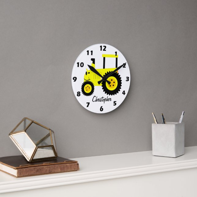 Yellow Tractor Design Personalised Round Clock (Office)