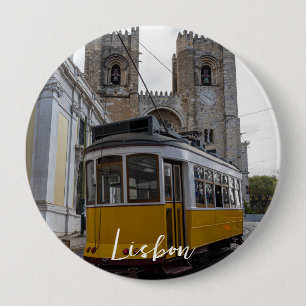 Yellow tram on Lisbon Cathedral in Portugal 10 Cm Round Badge