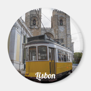 Yellow tram on Lisbon Cathedral in Portugal Magnet