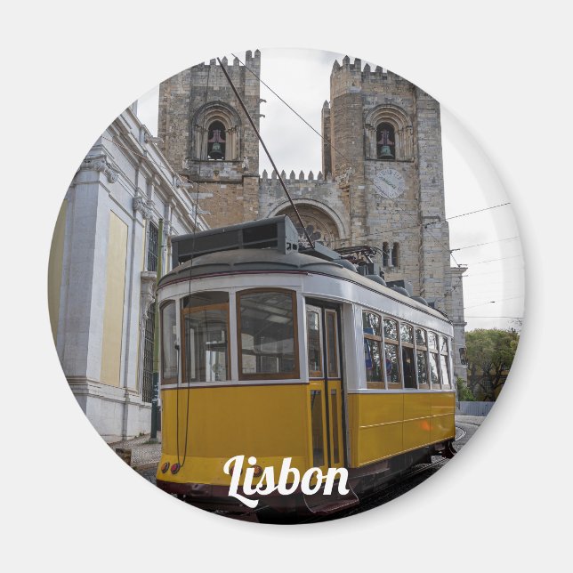 Yellow tram on Lisbon Cathedral in Portugal Magnet (Front)