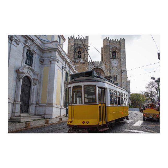 Yellow tram on Lisbon Cathedral in Portugal Photo Print (Front)