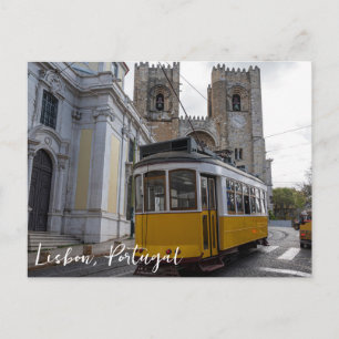 Yellow tram on Lisbon Cathedral in Portugal Postcard