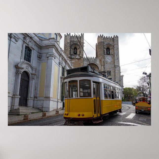 Yellow tram on Lisbon Cathedral in Portugal Poster (Front)