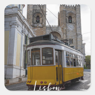 Yellow tram on Lisbon Cathedral in Portugal Square Sticker