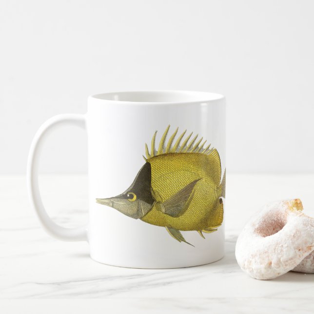 Yellow Tropical Chelmon Longirostris, Vintage Fish Coffee Mug (With Donut)