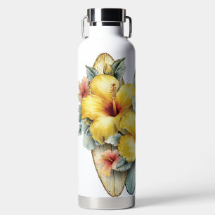 YELLOW TROPICAL FLOWERS AND SURFBOARDS WATER BOTTLE