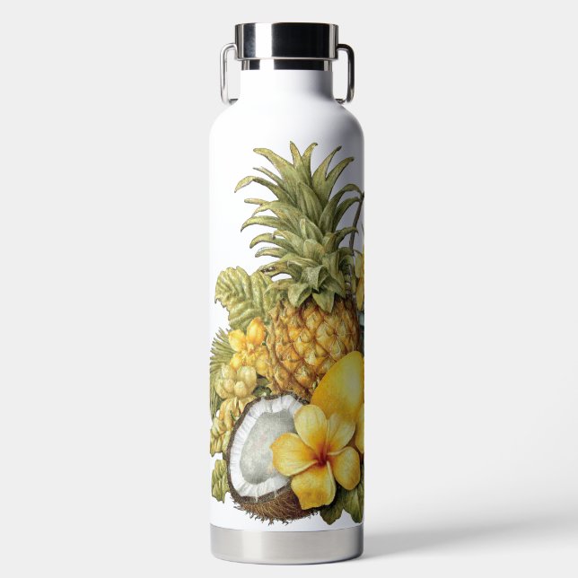 YELLOW TROPICAL FLOWERS COCONUTS AND PINEAPPLES WATER BOTTLE (Front)