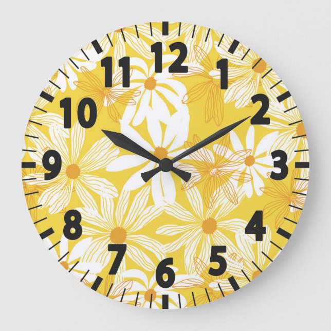 Yellow Tropical Flowers Large Clock (Front)
