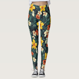 Yellow Tropical Flowers Pattern Leggings