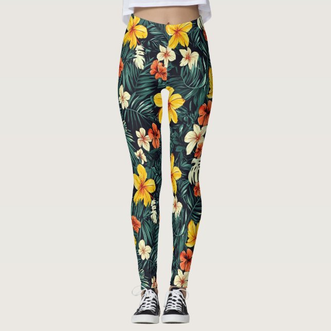 Yellow Tropical Flowers Pattern Leggings (Front)