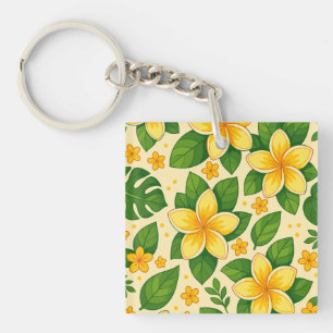 Yellow Tropical Flowers with Lush Green Leaves Key Ring
