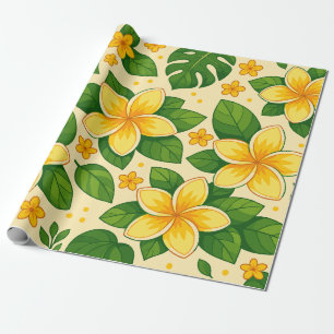 Yellow Tropical Flowers with Lush Green Leaves Wrapping Paper