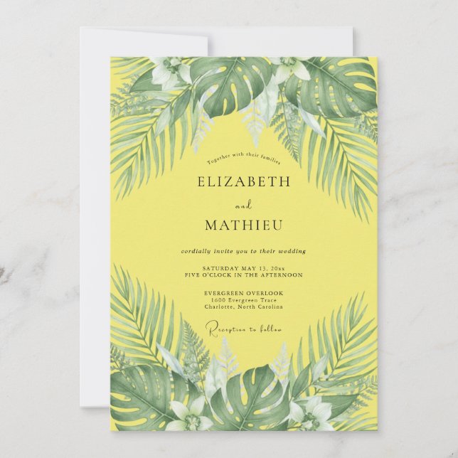Yellow Tropical Palm Eucalyptus Wedding Invitation (Front)