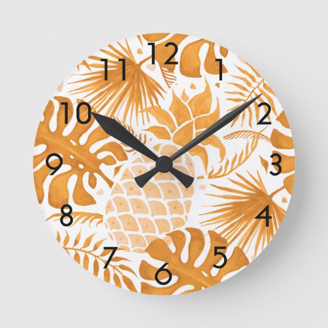 Yellow tropical pineapple golden white botanical round clock (Front)
