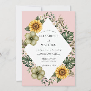 Yellow Tropical Sunflower Eucalyptus Wedding Invitation