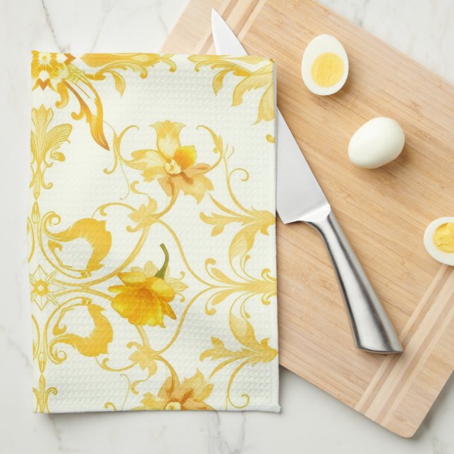 Yellow Tulip Damask Easter Kitchen Towel (Quarter Fold)