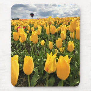Yellow Tulip Field with Hot Air Balloon Mouse Pad
