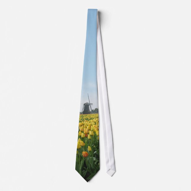 Yellow Tulip Flowers Field Windmill Holland Tie (Front)