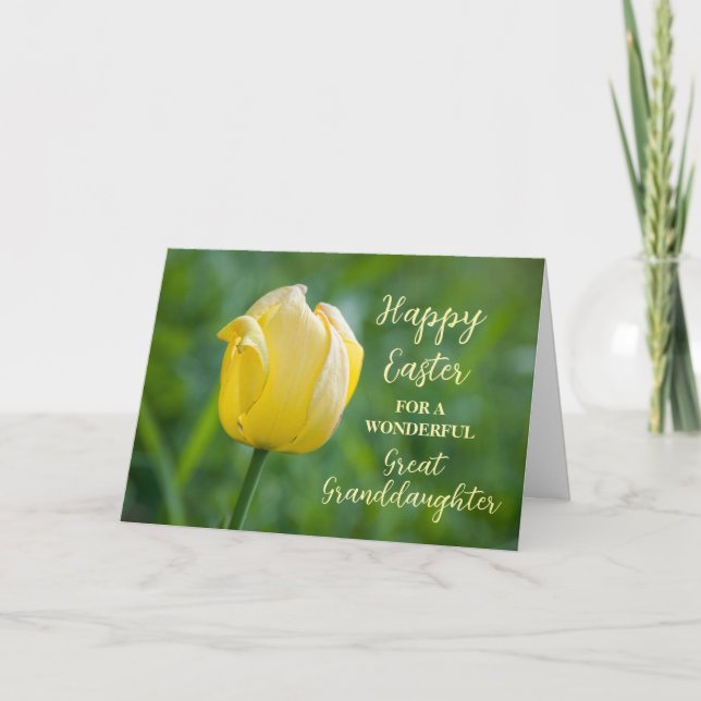 Yellow Tulip Great Granddaughter Happy Easter Holiday Card (Front)