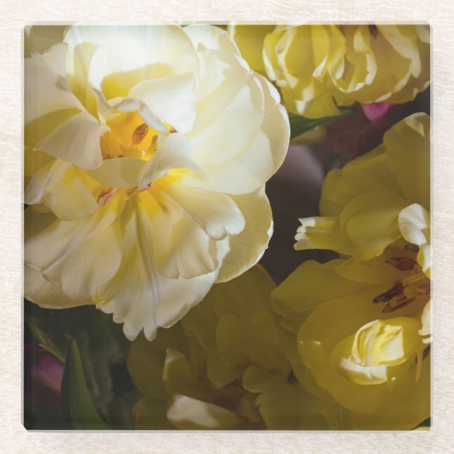 Yellow tulip photo glass coaster (Front)