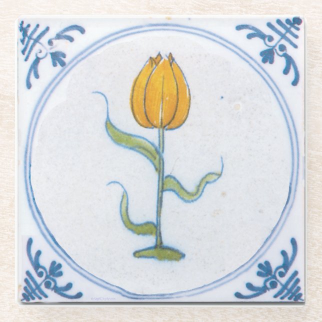 Yellow Tulip Vintage Delft Art  Glass Coaster (Front)