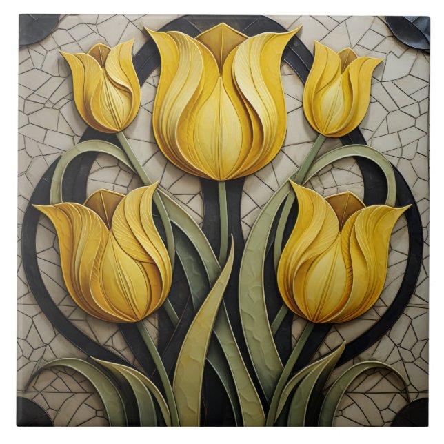 Yellow Tulips Floral Art Nouveau Inspired Nature Tile (Front)