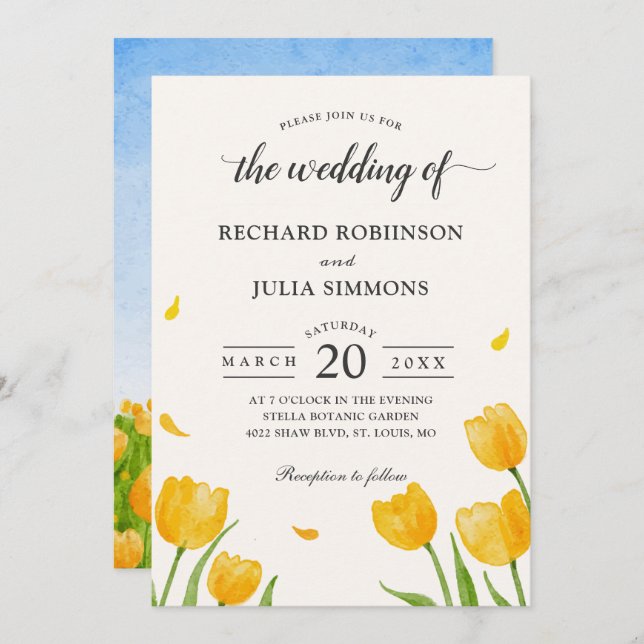 Yellow Tulips Floral Botanical Watercolor Wedding Invitation (Front/Back)