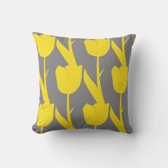 Yellow Tulips Gold Floral Flowers Patterns Grey Cushion (Front)