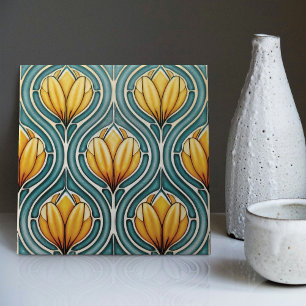 Yellow Tulips on Blue Symmetric Art Nouveau Tile