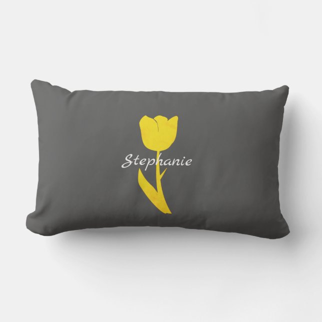 Yellow Tulips Pattern Monograms Floral Grey Custom Lumbar Cushion (Front)
