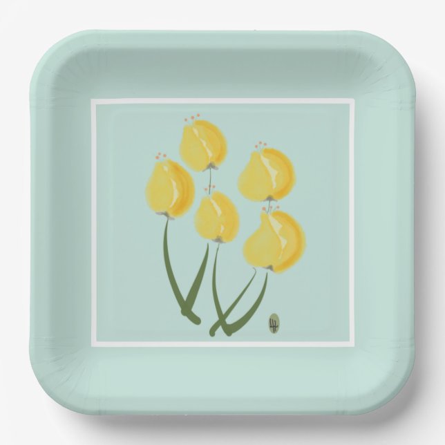 Yellow Tulips & Soft Green Paper Plate (Front)