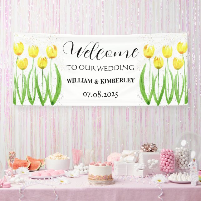Yellow Tulips Spring Floral Rustic Elegant Wedding Banner (Party)