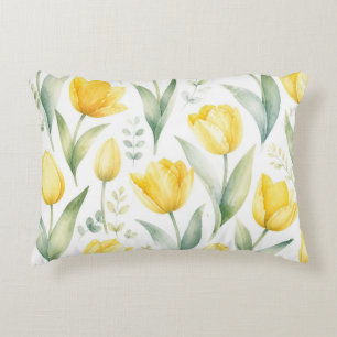 Yellow Tulips Watercolor Floral Painting Botanical Decorative Cushion
