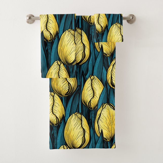 Yellow tulips with blue leaves bath towel set (Insitu)