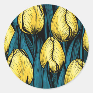 Yellow tulips with blue leaves classic round sticker