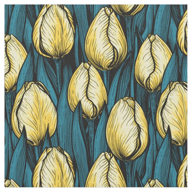 Yellow tulips with blue leaves fabric (Close Up)